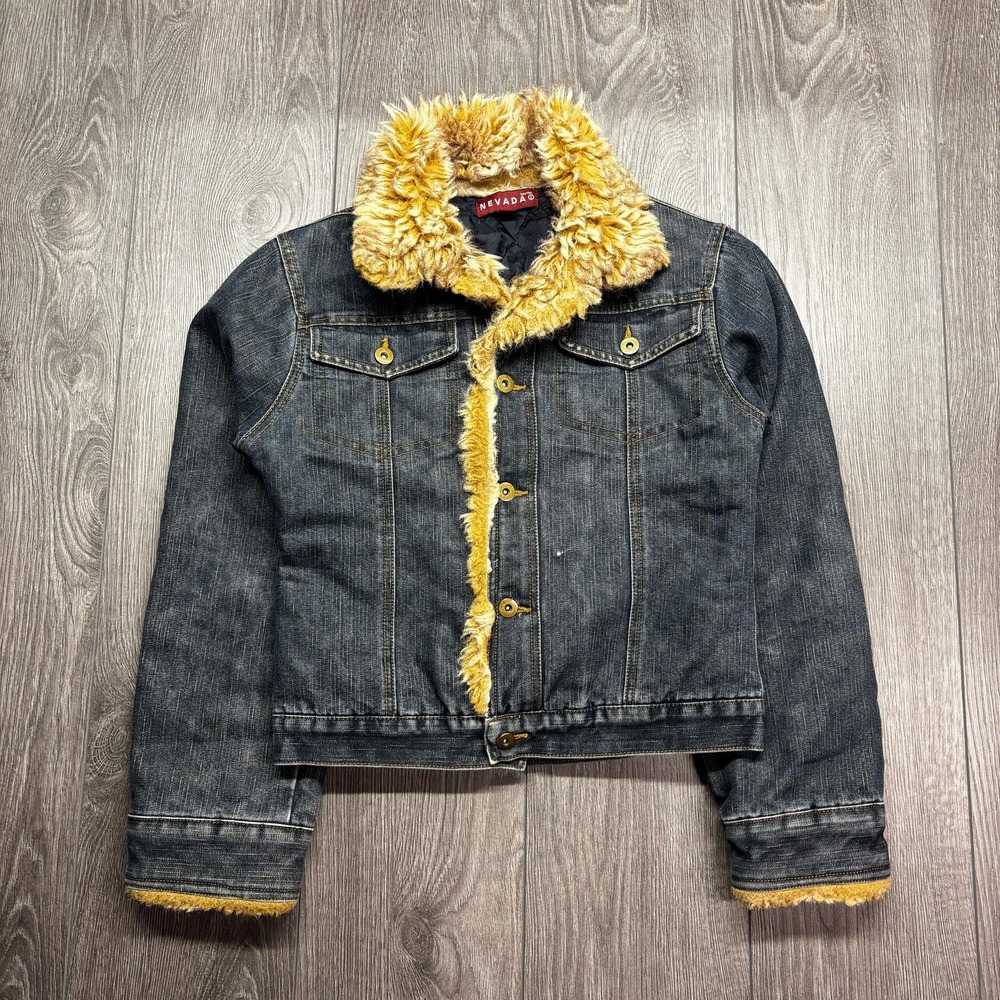 Vintage Nevada Denim Faux Fur Jean Jacket Y2k 1990s Cutsie Small Lined